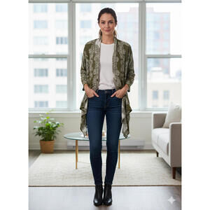 New York & Company Women's Olive Green Patterned Cardigan XS